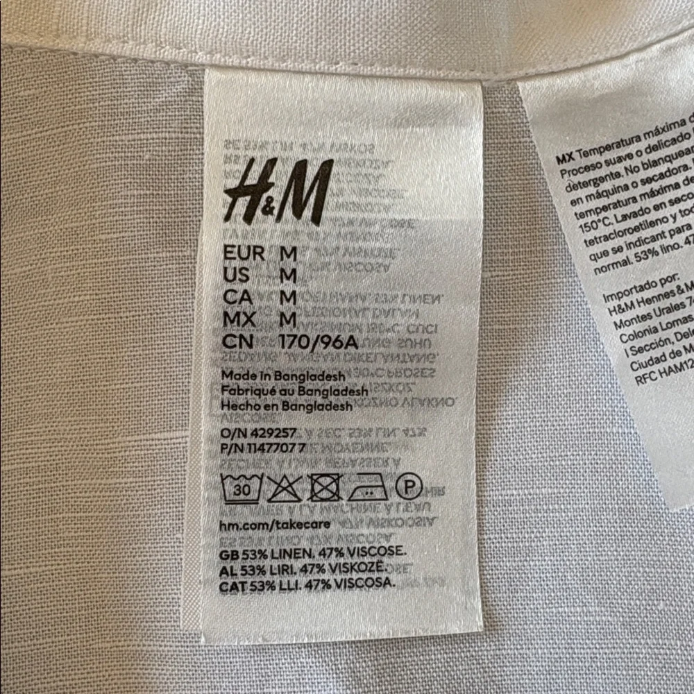 H&M Linen Blend Short Sleeved Shirt White Black Size Medium - Picture 8 of 13
